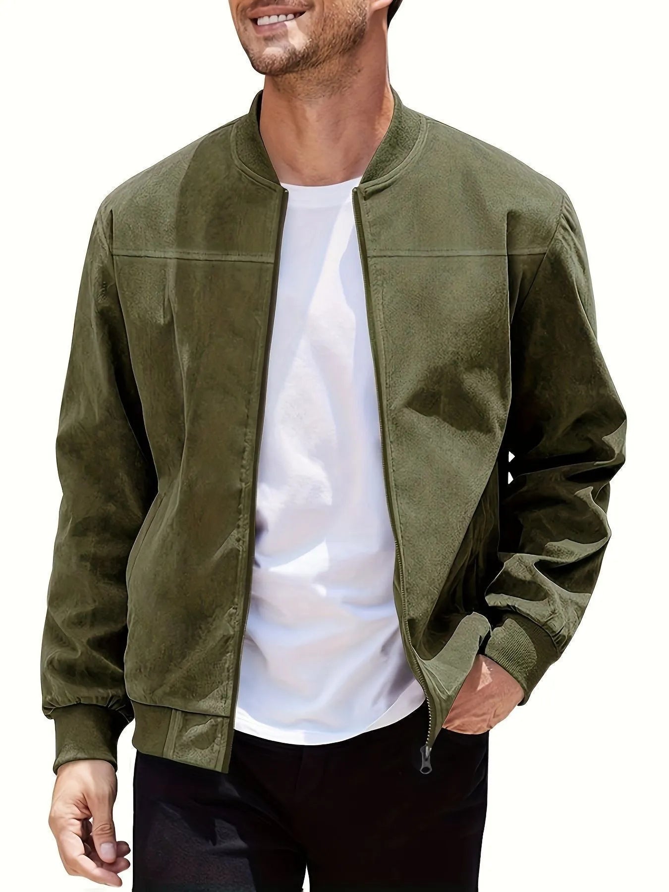 Men's plus size suede casual jacket with zipper closure in Army Green colour showing regular sleeve design