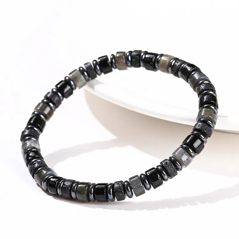 Natural grey haematite bracelet with 6mm geometric beads and blue lapis lazuli spacer option