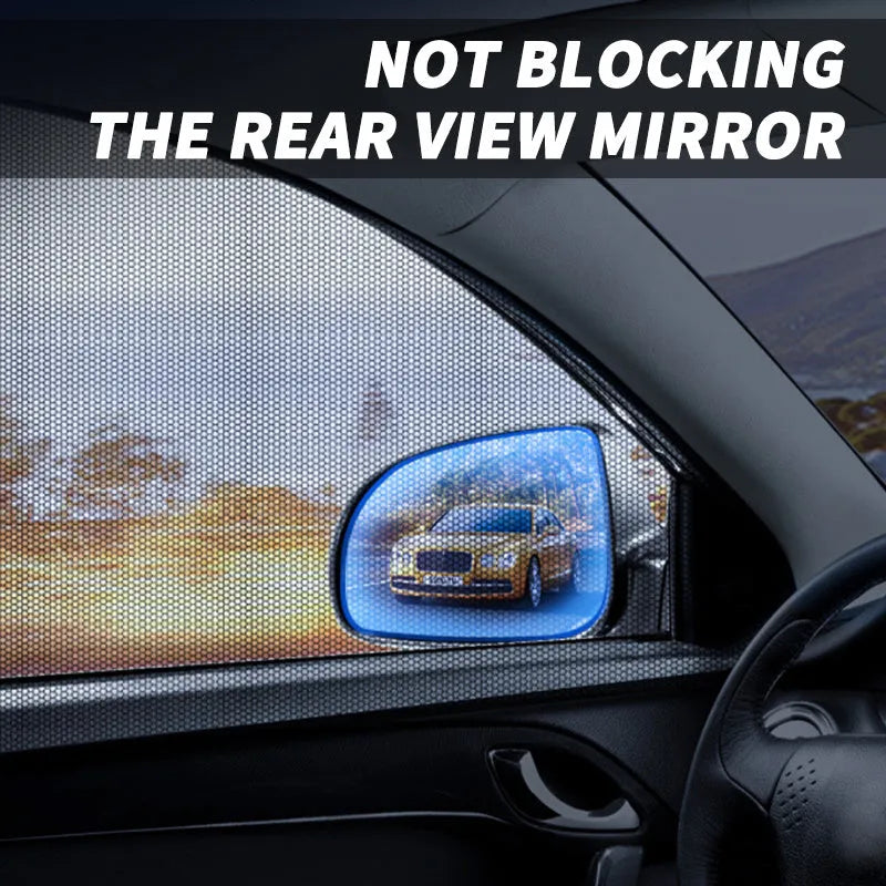 Stretchy non-woven mesh car side window sunshade installed on a vehicle door