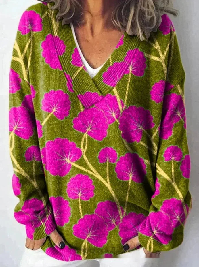 Women's V-neck sweatshirt with 3D floral print pattern on white polyester woven fabric