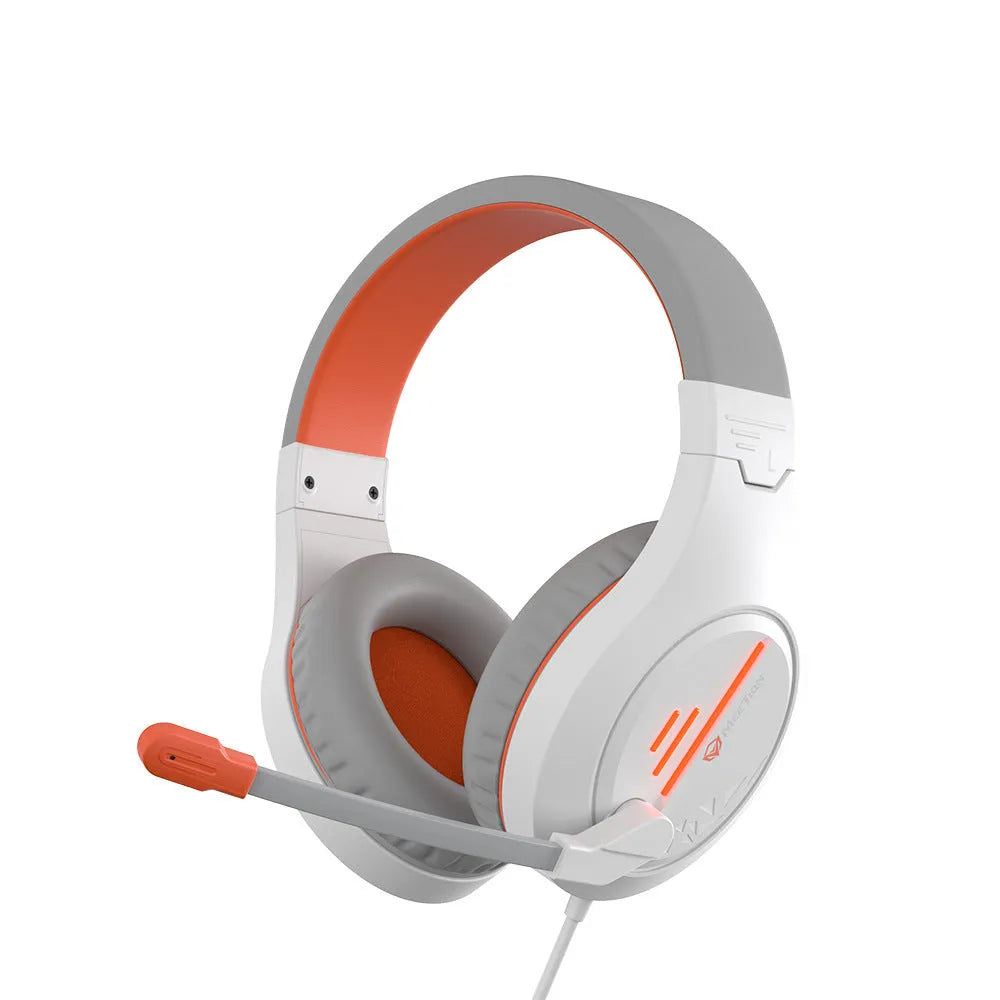 Lightweight backlit gaming headset with adjustable headband and noise-cancelling microphone in black orange colour.