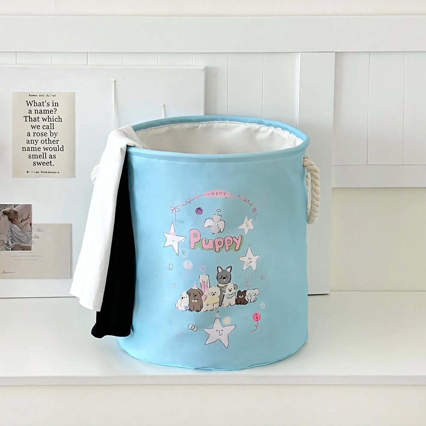 Foldable laundry basket with decorative removable cotton cover in choice of 12 patterns