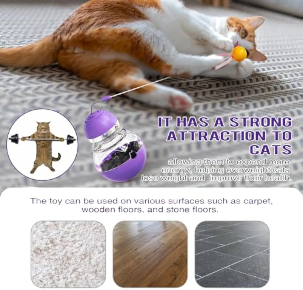 Electric yellow interactive cat toy with rocking base, teaser wand, and slow feeder dispenser