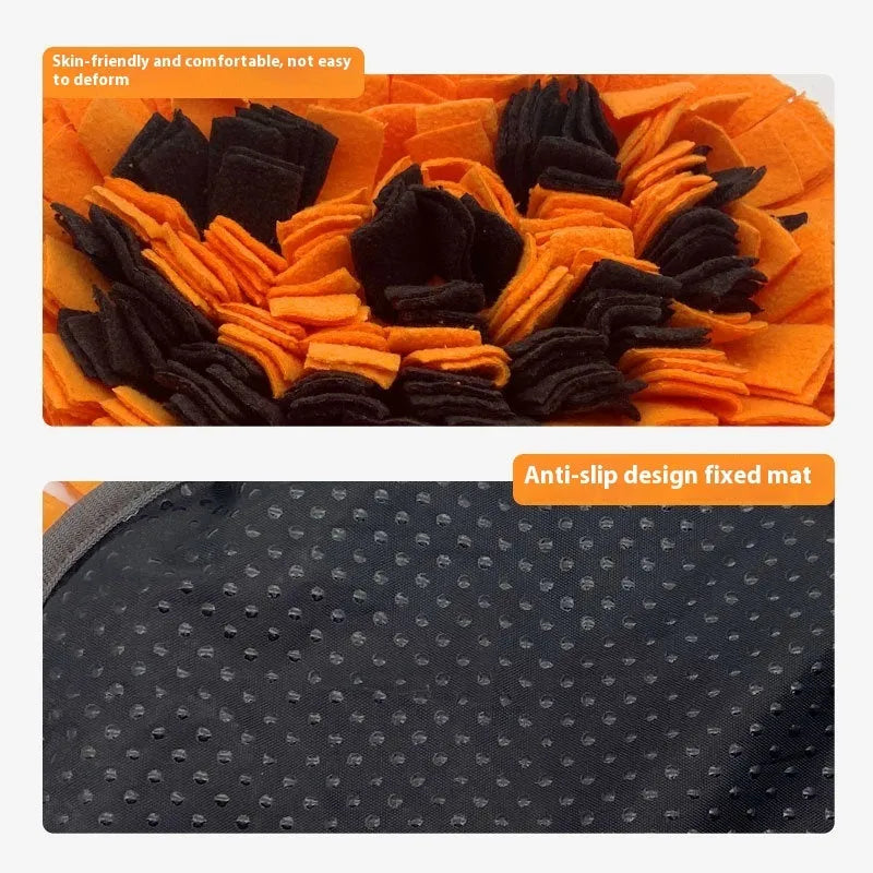 Orange pumpkin-shaped pet training mat with textured fleece surface for slow feeding