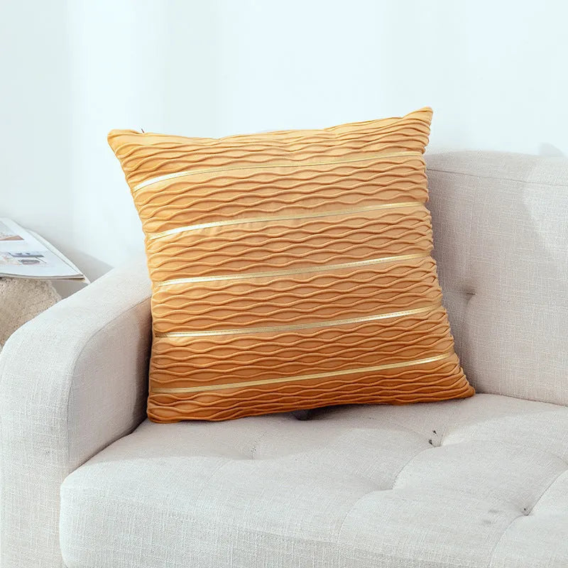 Square striped velvet pillow cover for sofa in multiple colour options on a grey background.