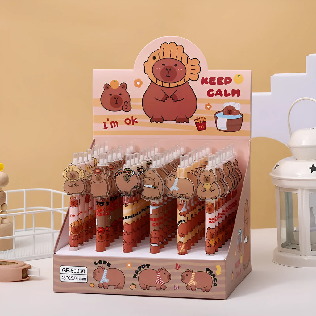 Box of 48 cartoon bear acrylic pressing pens with plastic shells and carbon black ink.