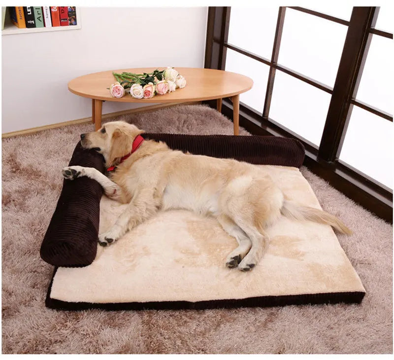 Corduroy bolster dog bed with high-density sponge filling and non-slip base in grey colour
