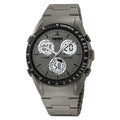 Unisex digital watch with camouflage strap and resin lens, showing time display and stainless steel buttons.