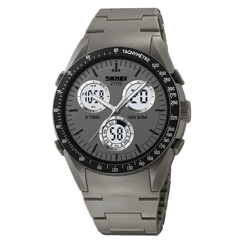 Unisex digital watch with camouflage strap and resin lens, showing time display and stainless steel buttons.