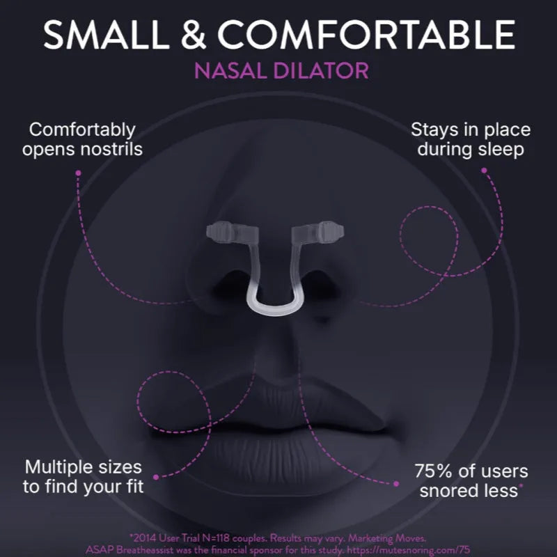 PVC anti snoring nasal dilator in purple, green, red, and blue, with one boxed snoring stopper