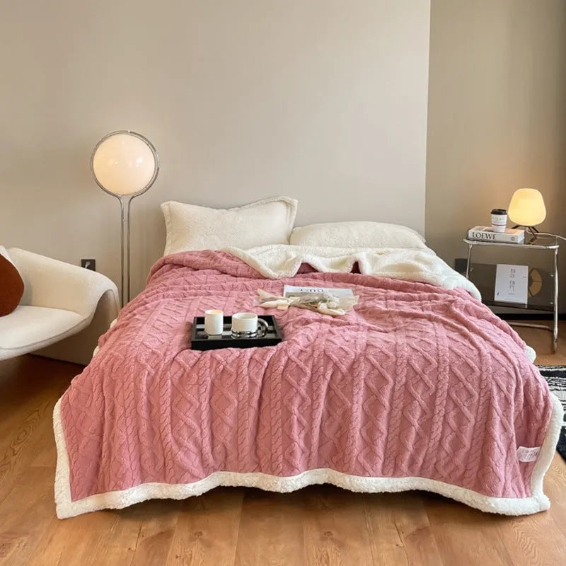 Polyester winter thermal flannel blanket in beige, laid flat showing its texture and simple modern style.