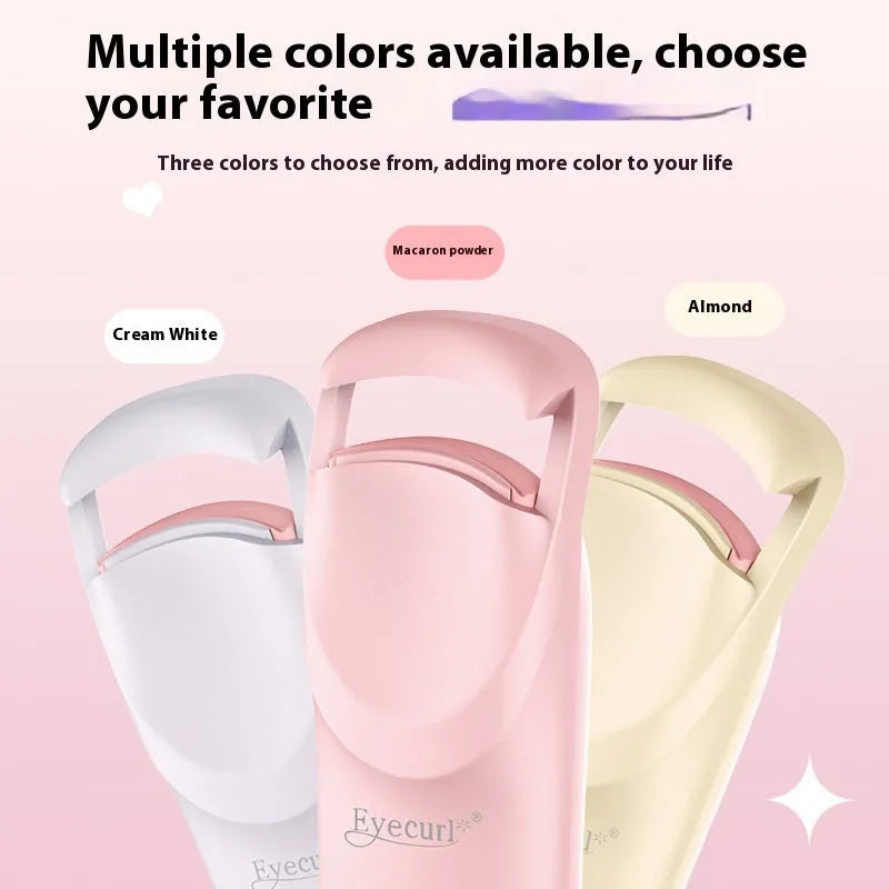 Electric USB-rechargeable eyelash curler in cream white, pink, and apricot colour options.