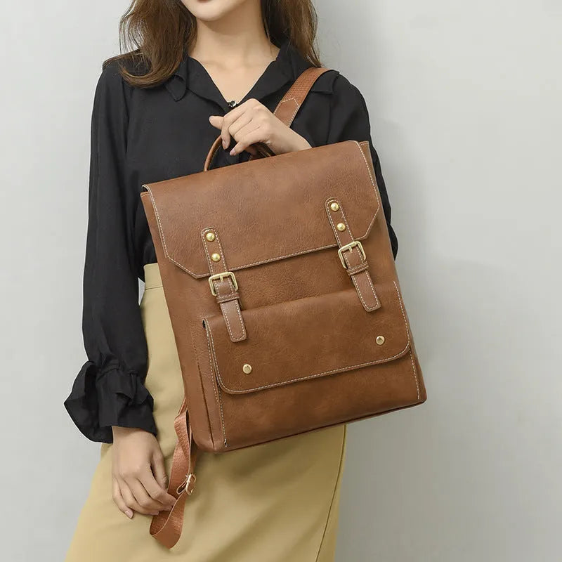 Korean-style soft PU retro backpack in creamy white colour, showing front design