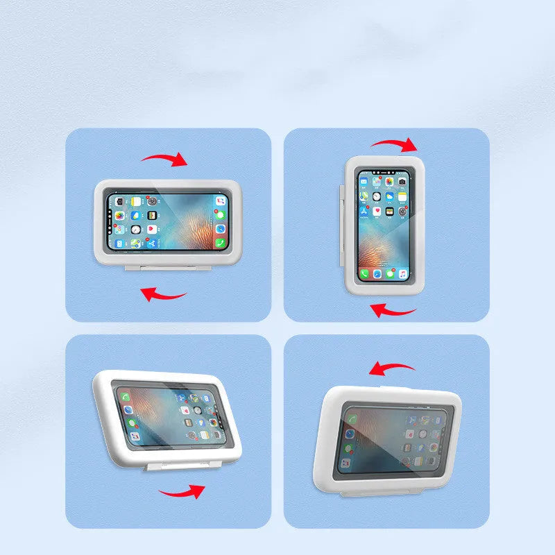 White waterproof phone holder mounted on bathroom tile showing mobile phone visible through clear front