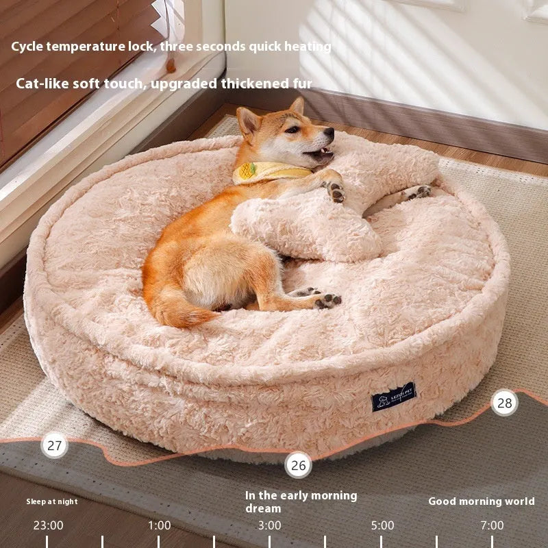 Small milk tea coloured fabric dog kennel with a round nest design on a wooden floor.