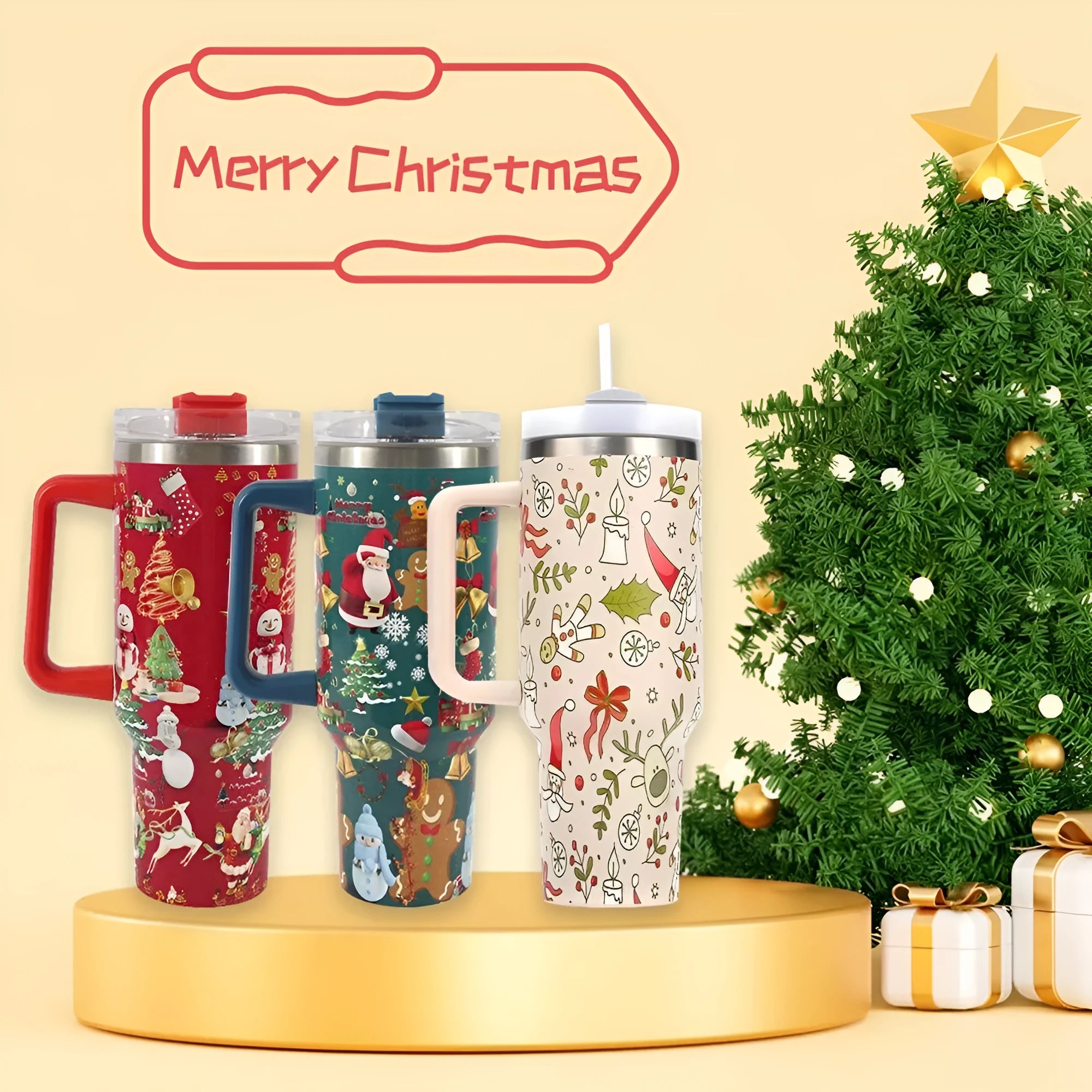 Christmas pattern stainless steel travel mug with handle, straw, and lid, showing 1200ml capacity.