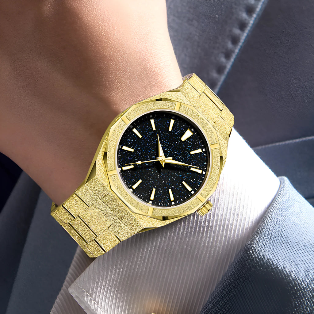 Men's frosted stainless steel business watch with luminous markers in silver, gold and black colour options