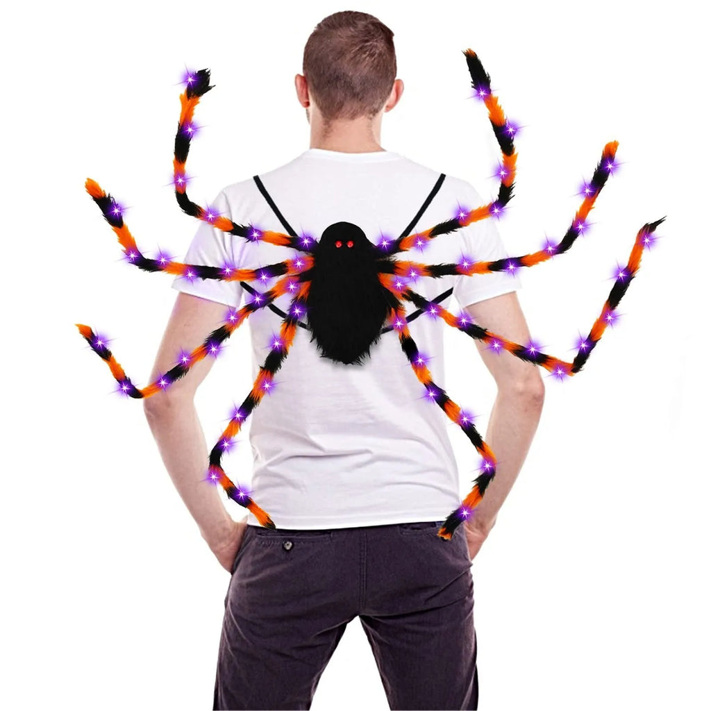 Plush Halloween spider backpack with LED lights in green, shown at 125cm length.