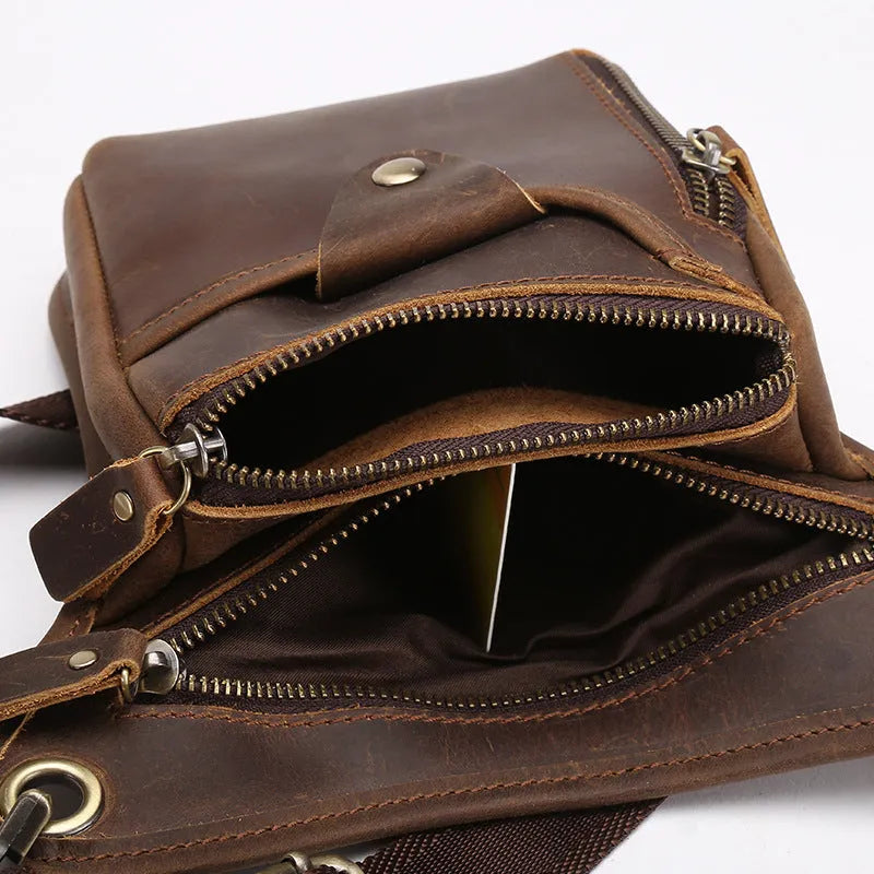 Men's vintage brown crazy horse leather satchel bag with a shoulder strap