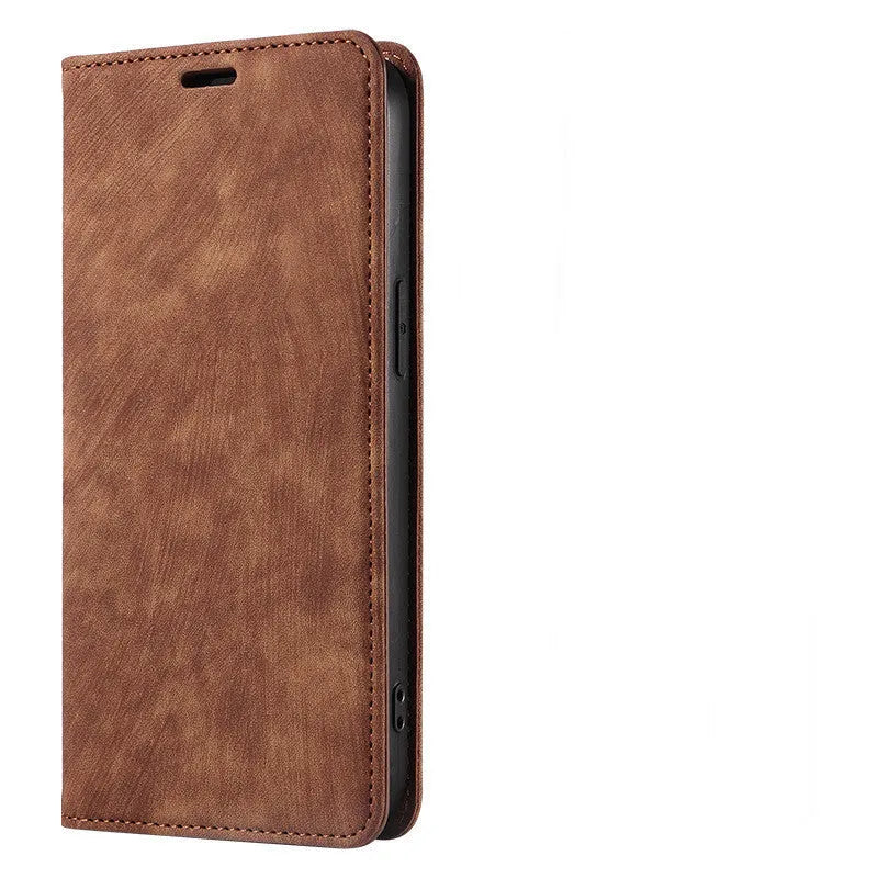 Magnetic flip phone case for iPhone in leather and TPU, shown closed and open with cards in slots.