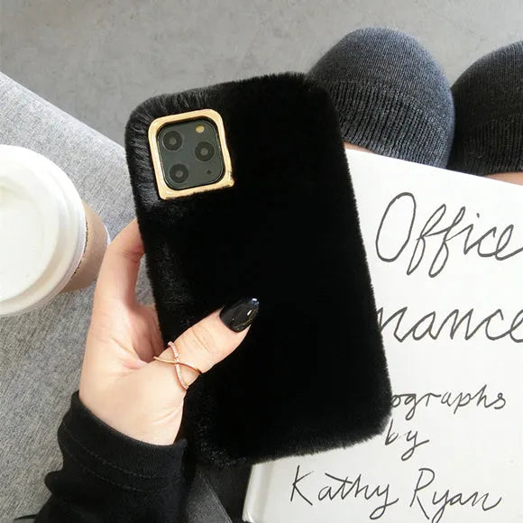 Rabbit plush phone case with thick padding and soft silicone shell for iPhone, shown in apricot colour.
