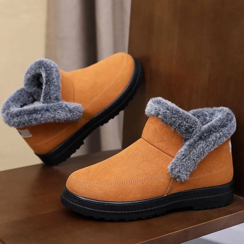 Women's cotton snow boots with plush lining, flat wedge heel, available in black, camel, blue, sizes 36-43.
