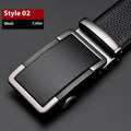 Men's leather belt with an automatic alloy buckle in gun black, silver, or gold colour.