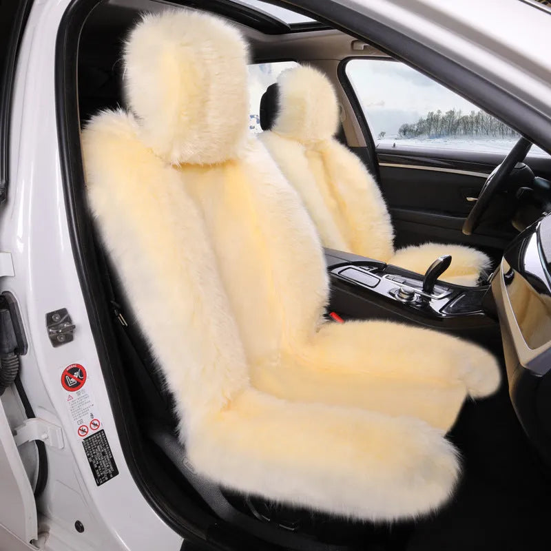 Purple plush car seat cushion set for driver and passenger seats with thickened winter padding