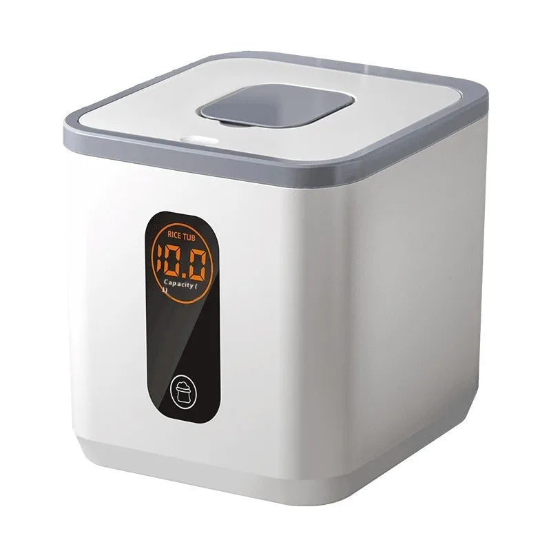 Grey plastic sealed rice storage jar with a measuring cup, shown in different capacity sizes.