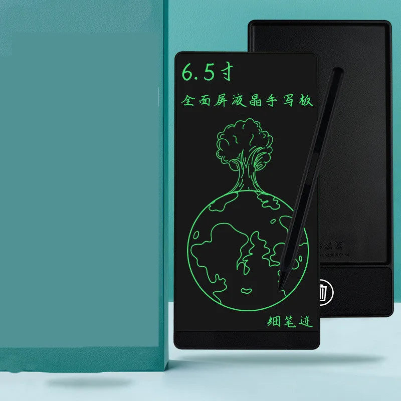 Blue LCD writing tablet with stylus on a 6.5-inch screen showing handwritten notes.