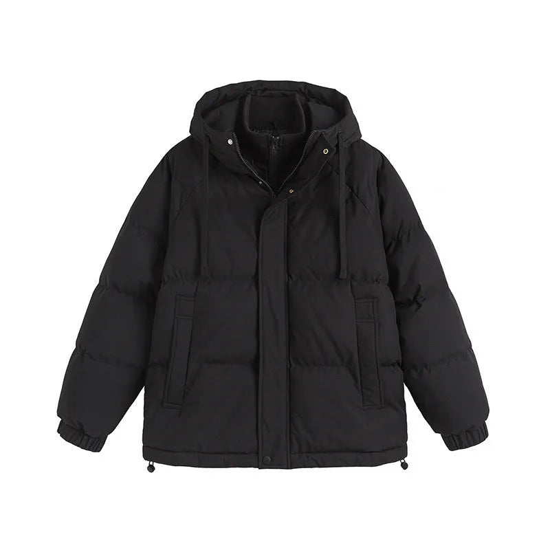 Loose two-piece padded winter coat in a cardigan style with side pockets.