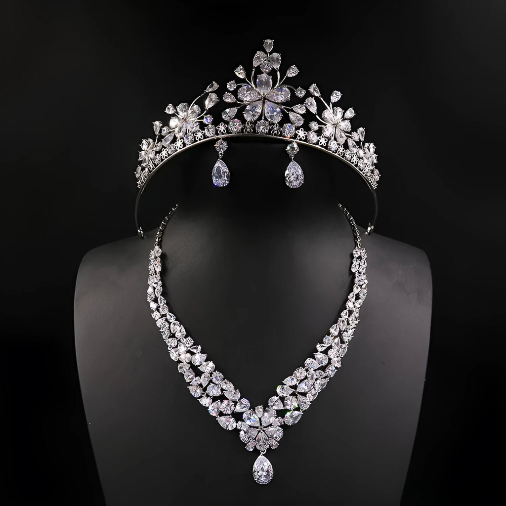 Bride headdress crown necklace and earrings three-piece jewellery set in gold and pearl design