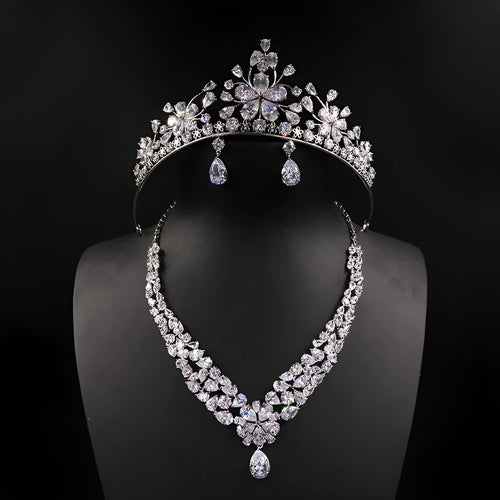 Bride headdress crown necklace and earrings three-piece jewellery set in gold and pearl design