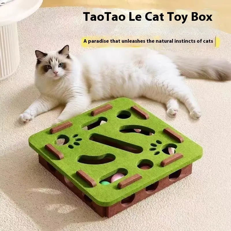 Square green brown felt cat puzzle box toy with a circular hole, shown next to a cat.