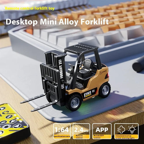 1:64 scale silver alloy remote control forklift model with accessories on a tabletop obstacle course.