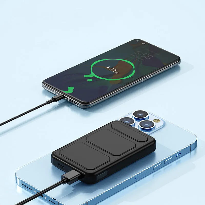 Magnetic wireless charging power bank with folding bracket showing capacity options and colour variations