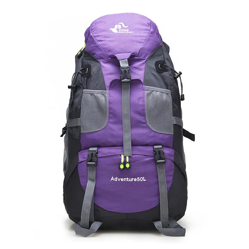 50L waterproof foldable nylon backpack in red with adjustable straps and chest belt