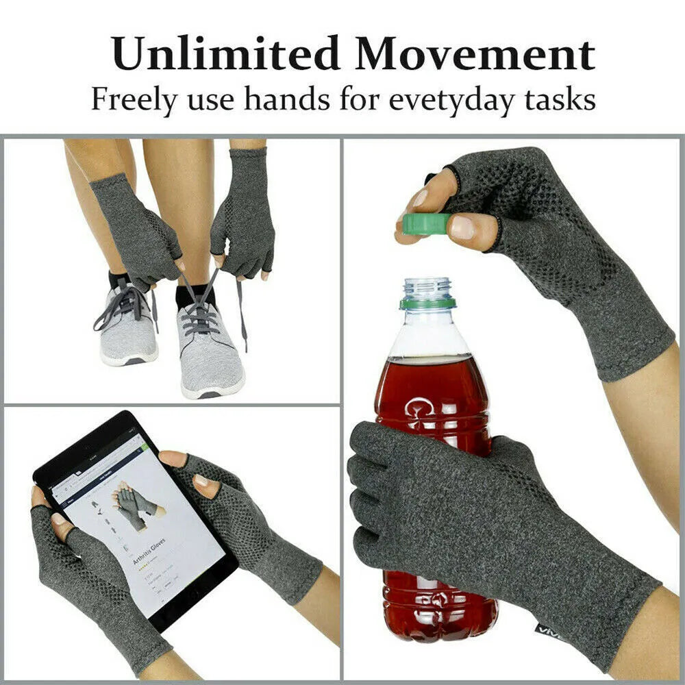 Grey half finger joint compression gloves with an anti-slip palm, shown in a dispensing style.
