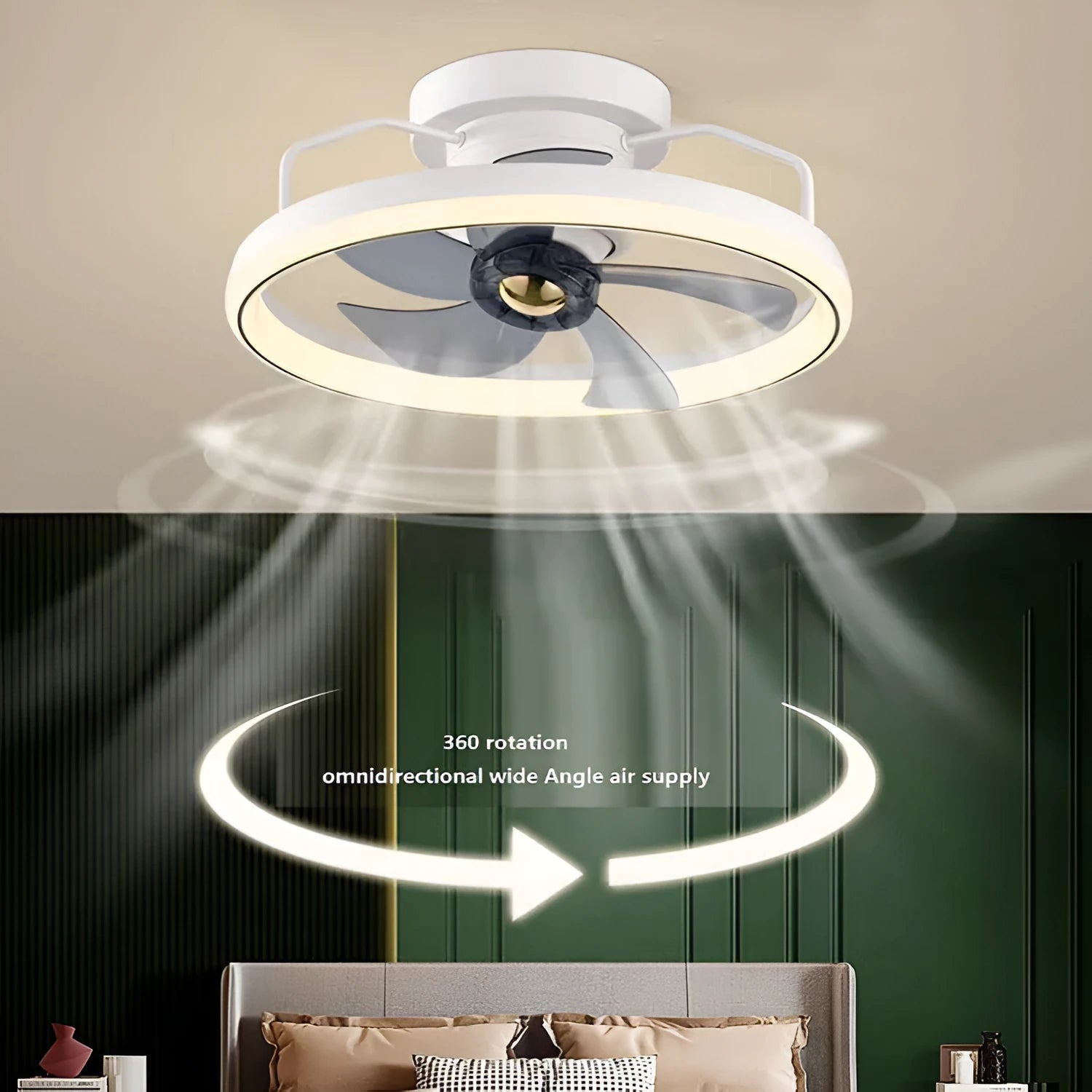 Modern white ceiling fan lamp with integrated light and five blades, mounted on a ceiling.