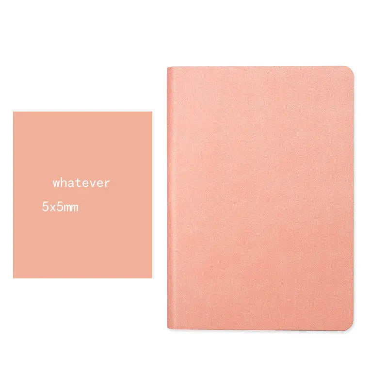 Blue and pink soft touch A5 dotted notebooks showing dot grid pages and imitation leather cover.