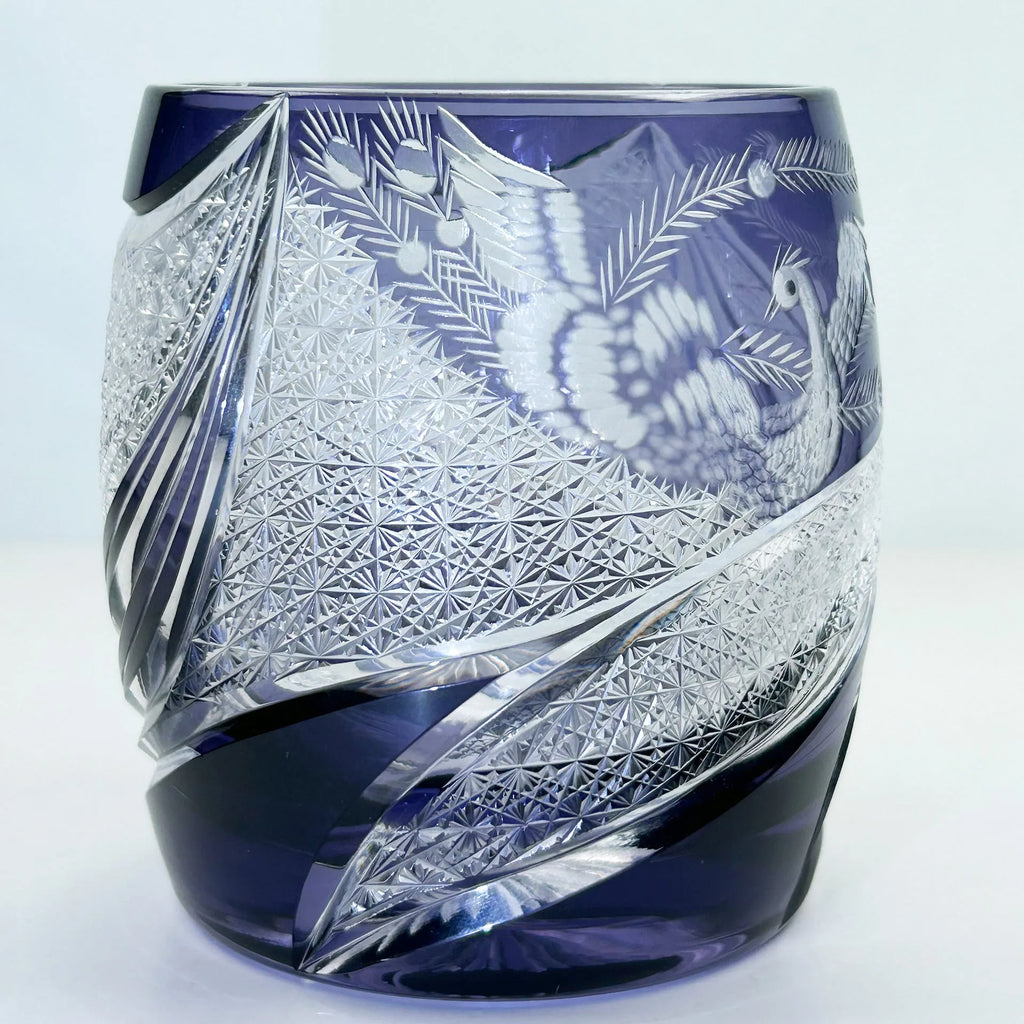 Lavender purple crystal glass cup with handmade phoenix carving, cylindrical Japanese style shape, 301-400ml capacity