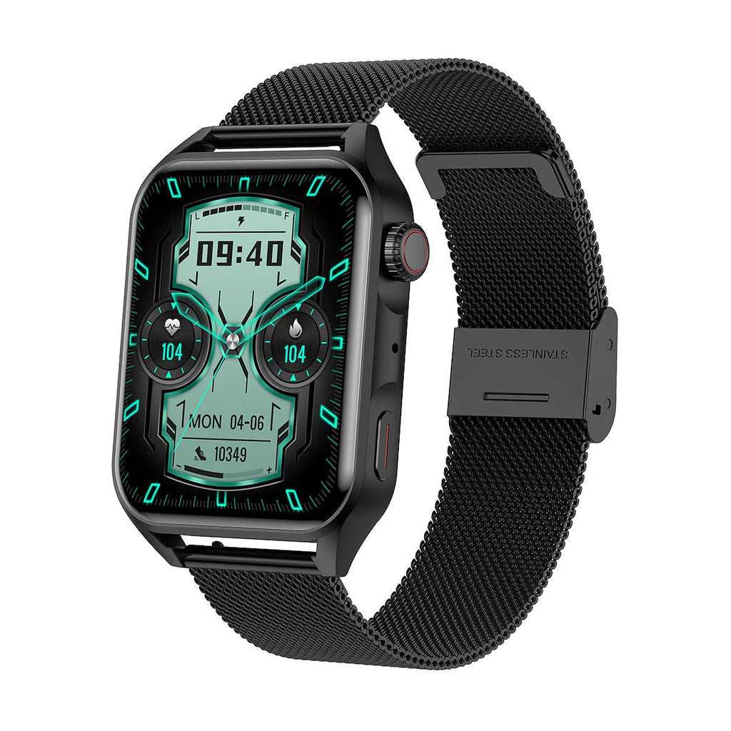 Black smart watch with a 1.8-inch AMOLED screen and a silicone wrist strap.