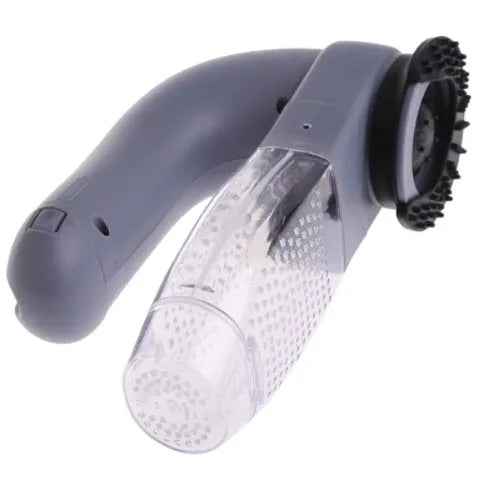 Grey portable electric pet hair removal vacuum with soft rubber grooming head.