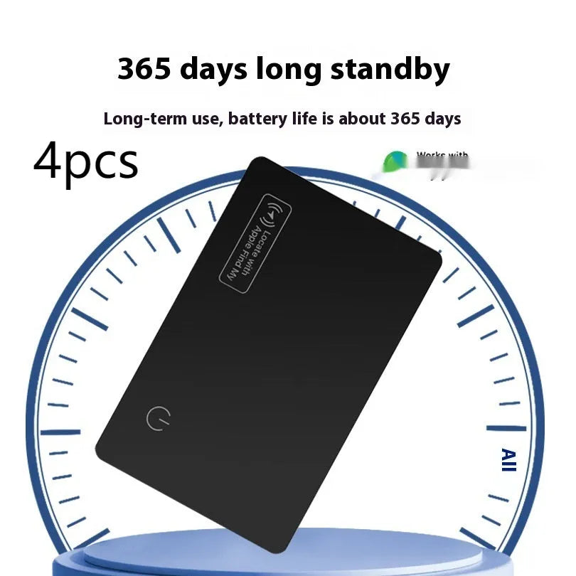 Black ultra-thin anti-loss alarm card for Apple devices next to a credit card for size comparison.