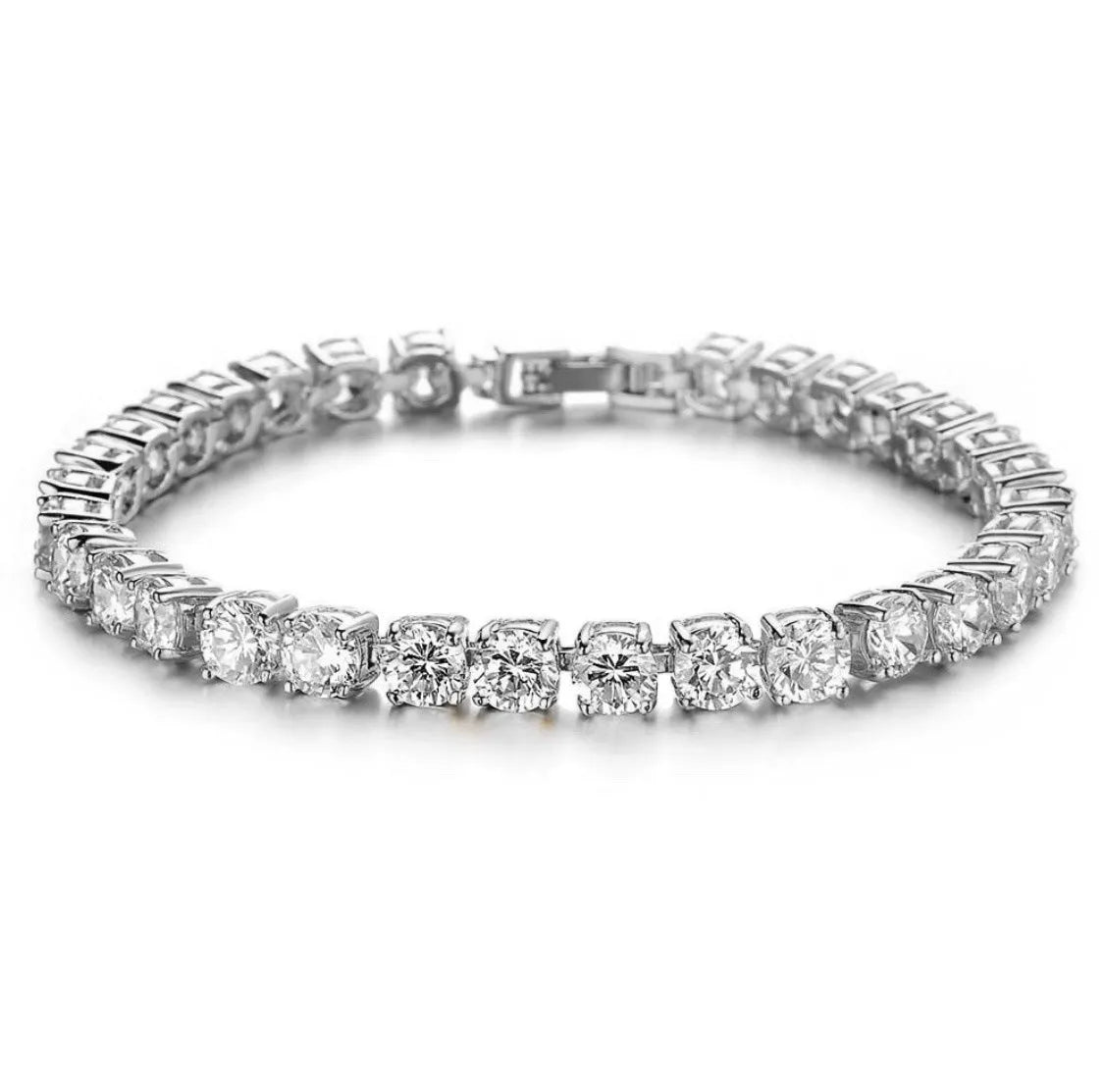 Men's silver geometric link chain hip hop bracelet with a row of clear rhinestones.