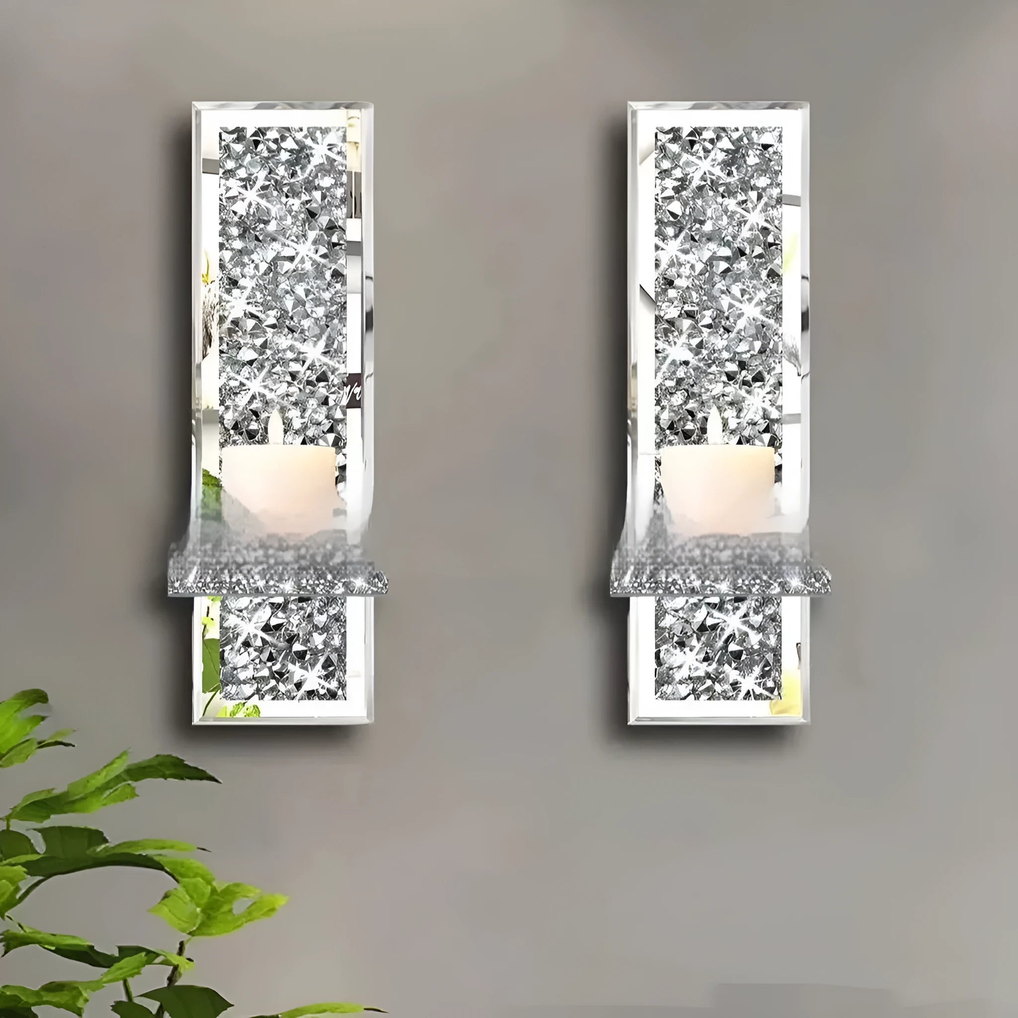 Pair of silver mirror glass candlestick holders for wall mounting, modern minimalist style