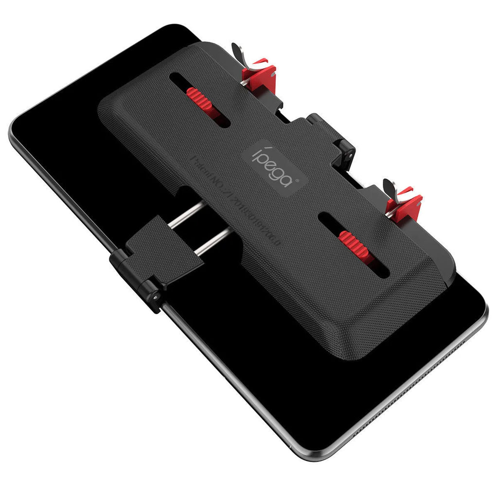 Black mobile phone gaming bracket with a trigger button and an extended telescopic phone clip.