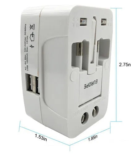 Compact white universal travel adapter plug for international power socket conversion.