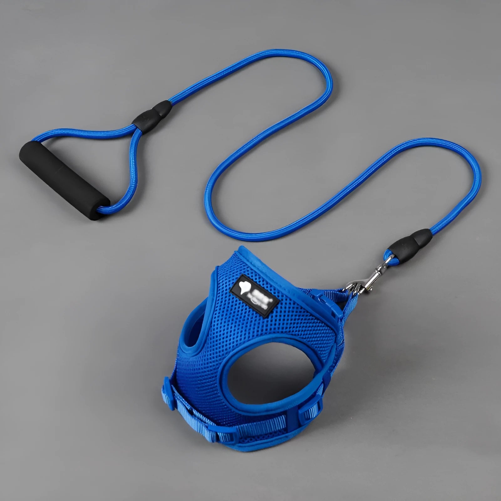 Blue nylon dog leash and collar set with a foam-padded handle on a white background
