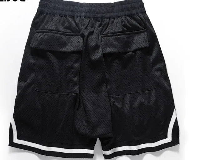 Men's elastic waist baggy sports shorts with zip fly, front view, black colour